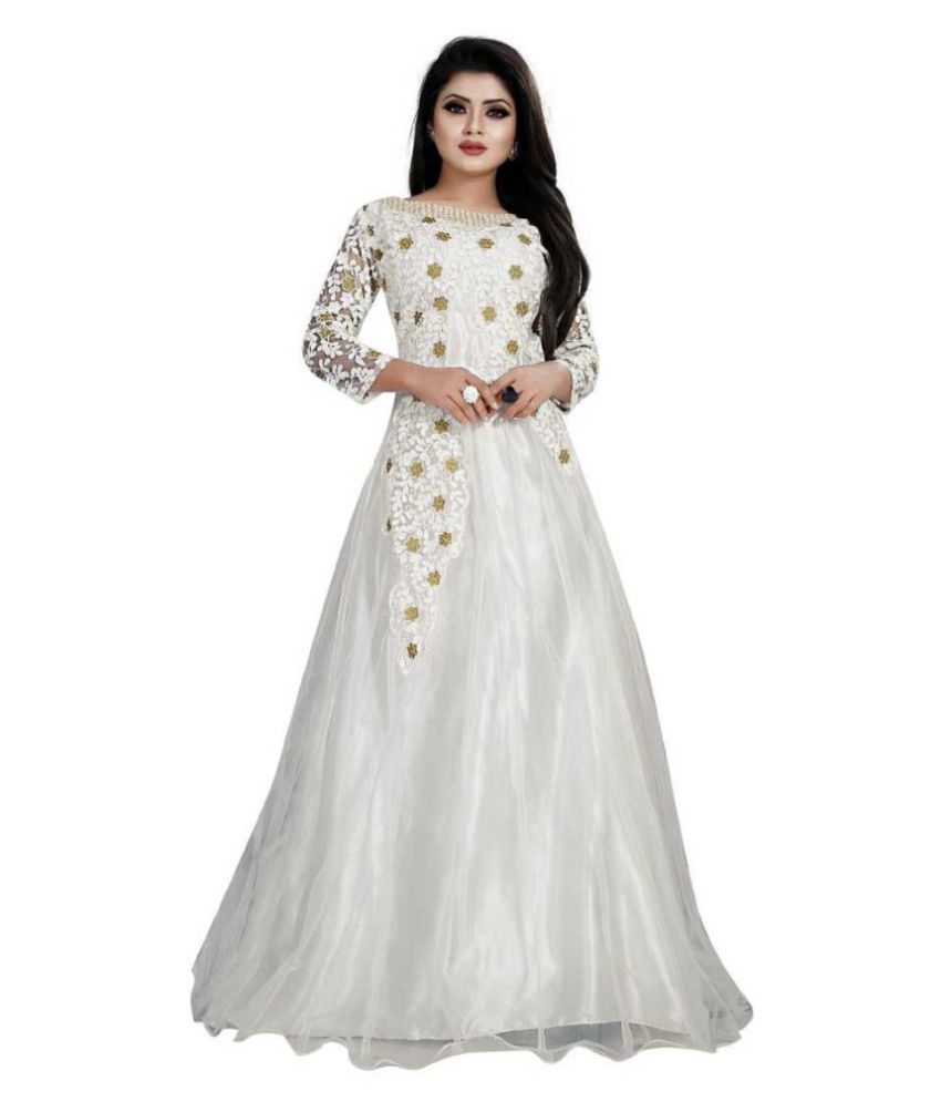     			Femvy White Net Ethnic Gown