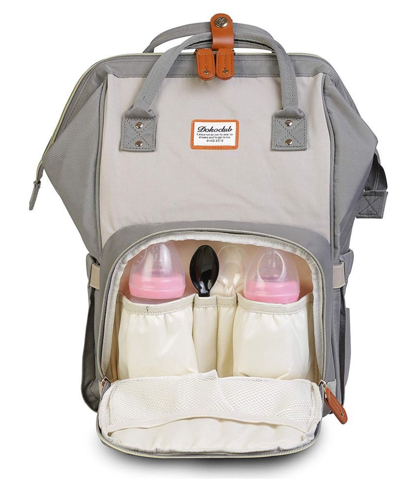 grey and white diaper bag