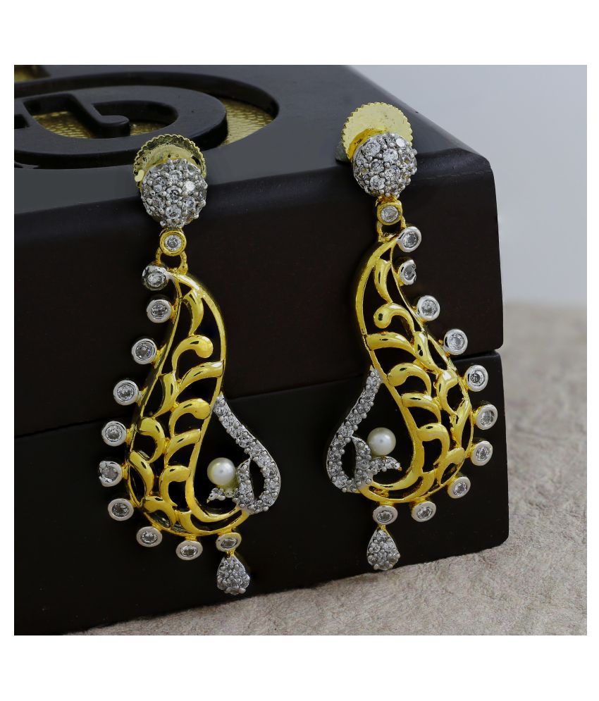     			The Jewelbox American Diamond Pearl Gold Plated Filigree Dangling Earriing