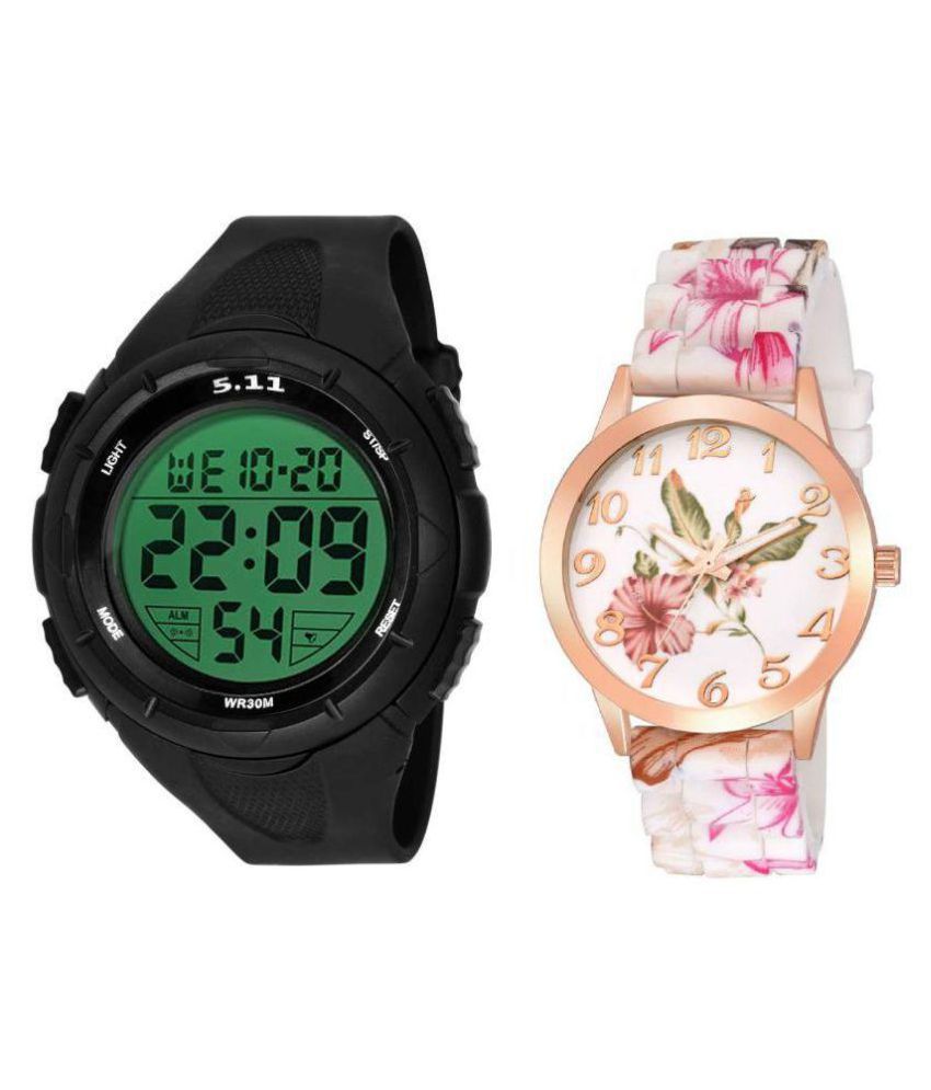     			Digital sports men watch with pink floral silicon women watch