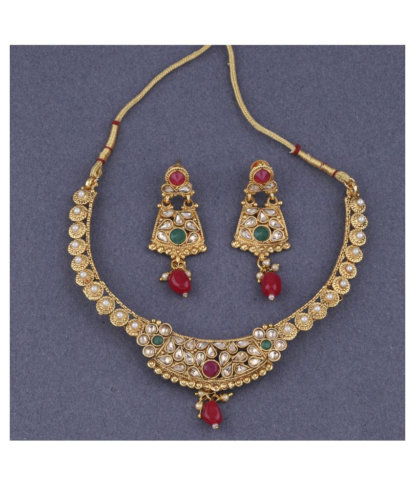     			Silver Shine Traditional Gold Plated Elegant Self Textured Red and Green Kundan stone studded Bead drop Designer wedding Necklace Jewellery set For Girls and Women