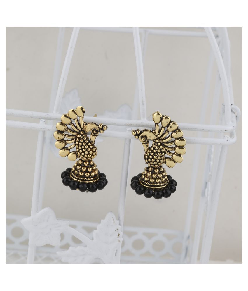     			Silver Shine Pretty Yellow Beads in Peacock Shape Jhumki Earrings