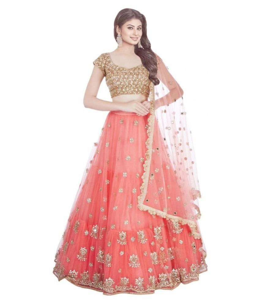     			Veer International Pink Net Circular Semi Stitched Lehenga