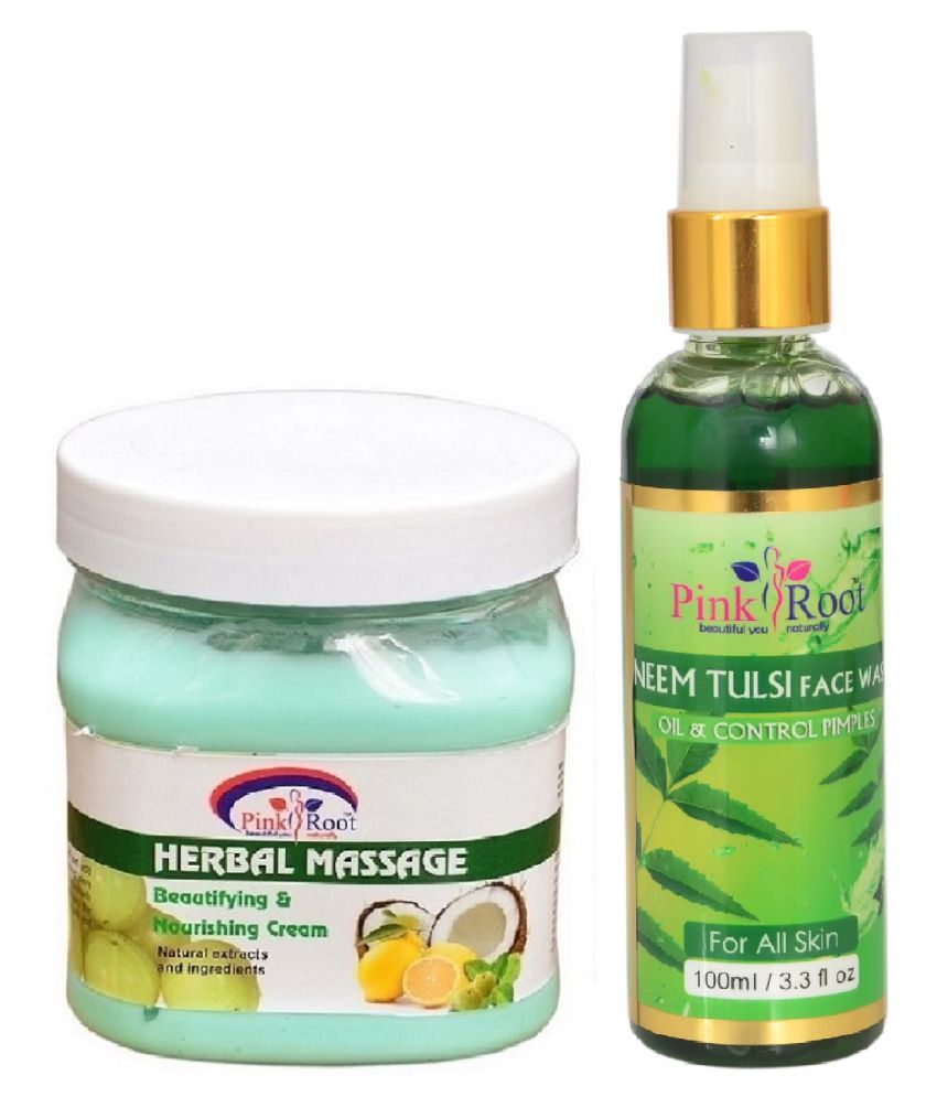 Pink Root HERBAL MASSAGE CREAM 500 WITH NEEM Face Wash 100 mL pack of 2