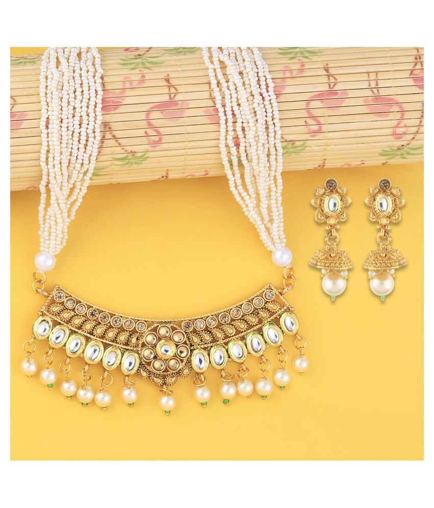     			Silver Shine Alloy Golden Choker Traditional Gold Plated Necklaces Set
