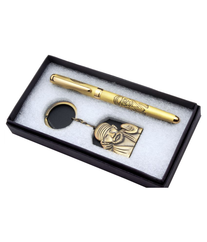     			Stylish Shirdi Wale Sai Baba Special Edition Ballpoint Pen & Key Chain Gift Set Bronze Gold Antique Look