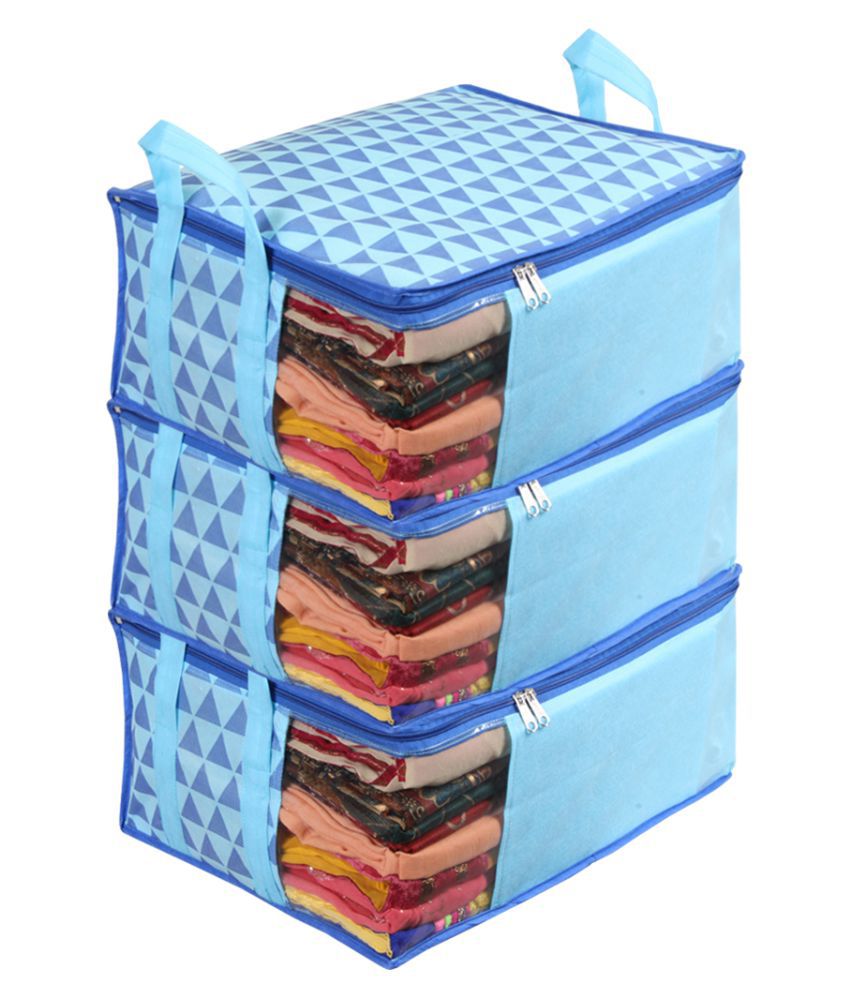     			PrettyKraftsNon Woven Saree Cover Storage Bags for Clothes Premium Quality Saree Organizer /Cloth Organizer Pack of 3 -Trio Blue