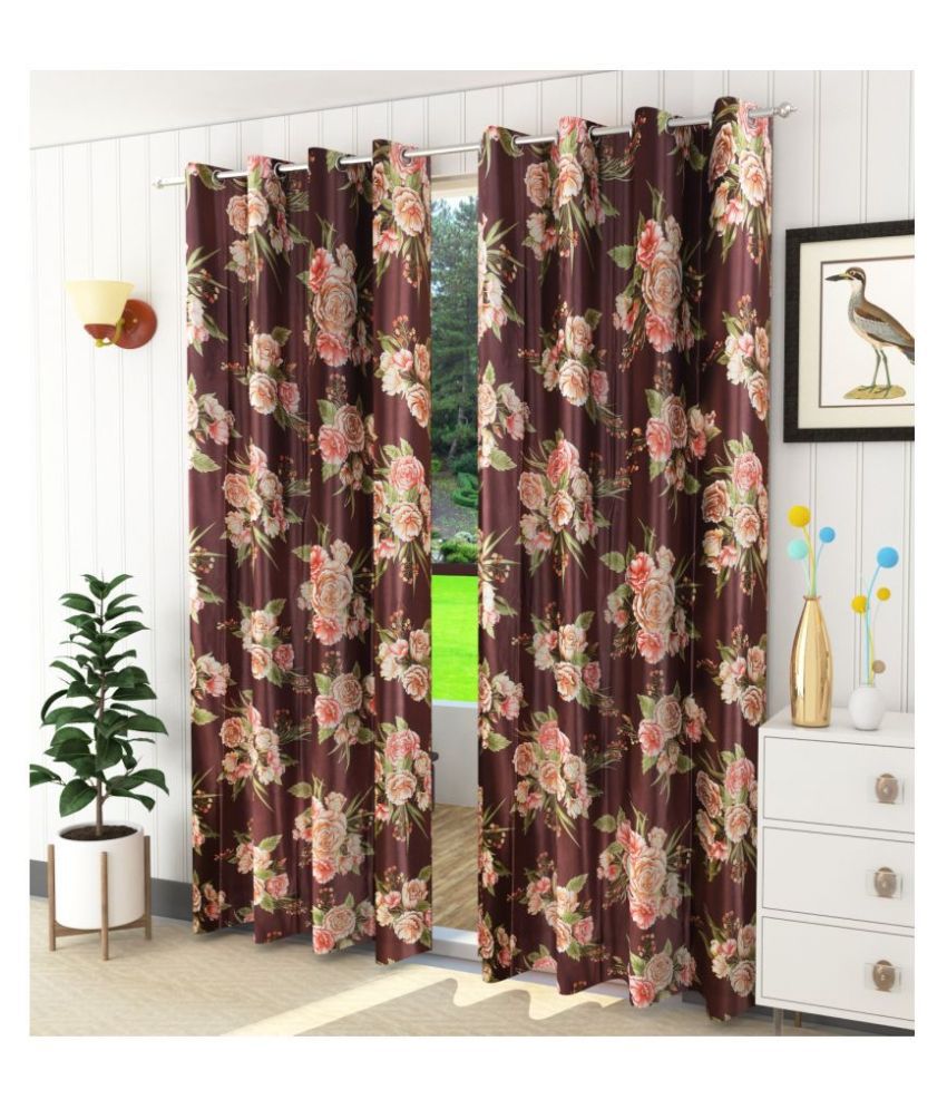     			Homefab India Floral Blackout Eyelet Door Curtain 7ft (Pack of 2) - Coffee