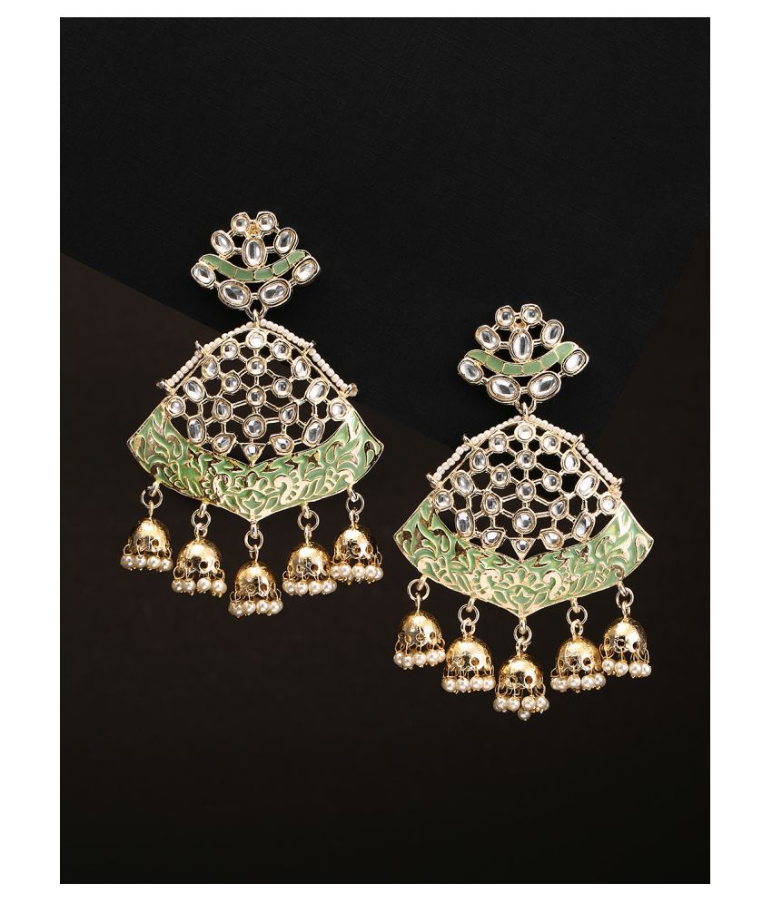     			Priyaasi Gold-Plated Green and Beige Kundan Design Drop Earrings for Girls and Women