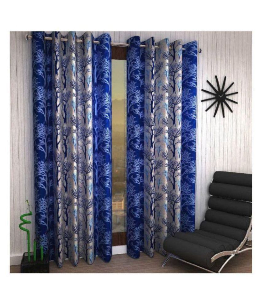     			Phyto Home Floral Semi-Transparent Eyelet Window Curtain 5 ft Pack of 2 -Blue