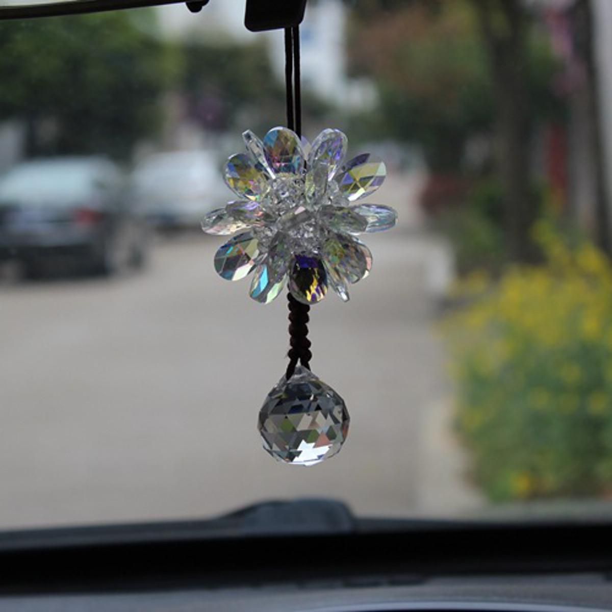 UR URLIFEHALL Crystal Flower Car Hanging Ornament Car Rear View Mirror Pendant Car Accessories Home Decor White 
