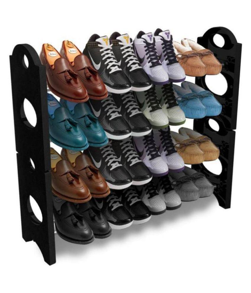 IBS Foldable 4 layer Shoe Rack Plastic Collapsible Shoe Stand Black, 4 Shelves