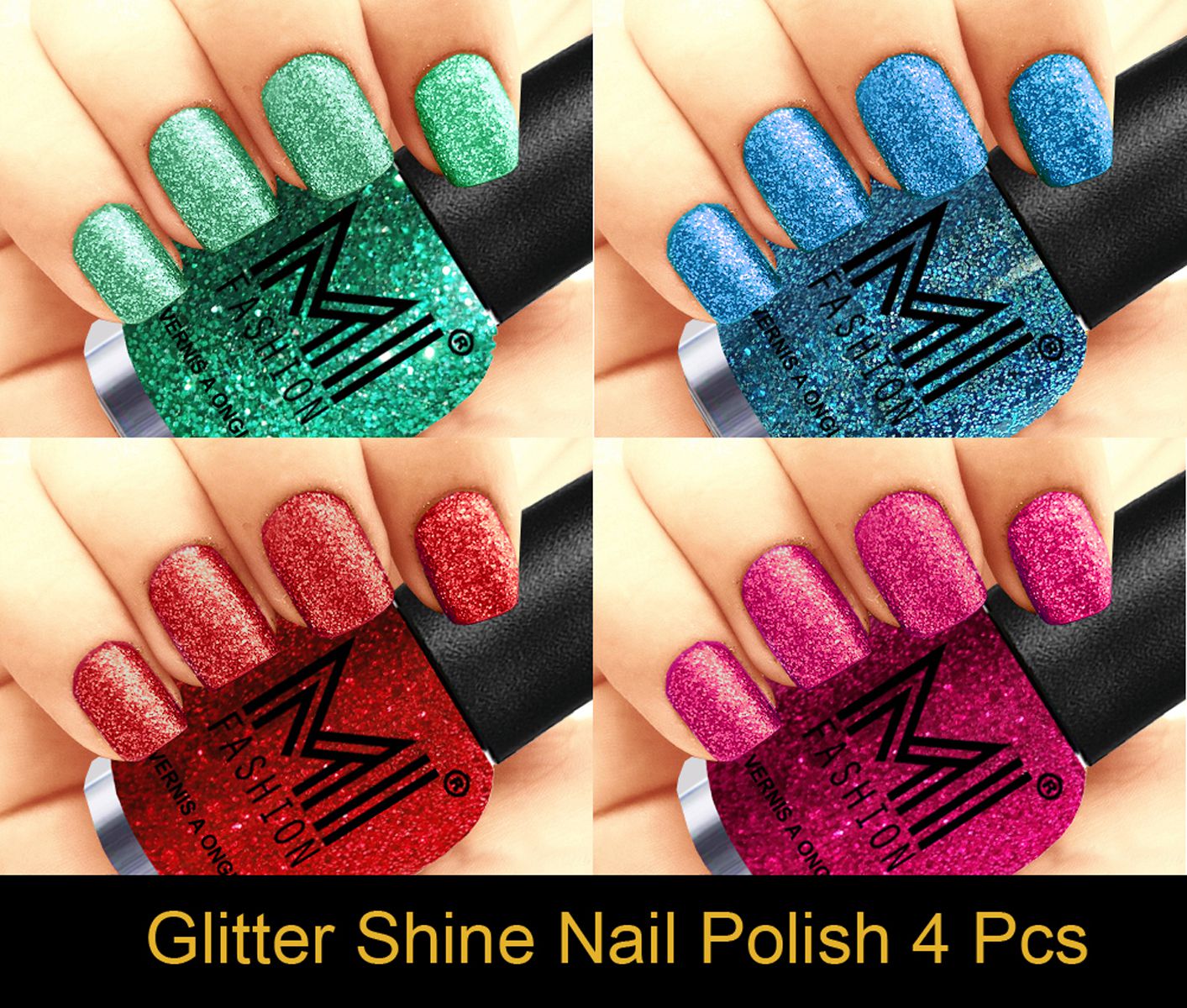 MI FASHION Long Lasting Professional Glitter Nail Polish Radium,Sky Blue,Red,Magenta Glitter Pack of 4 mL