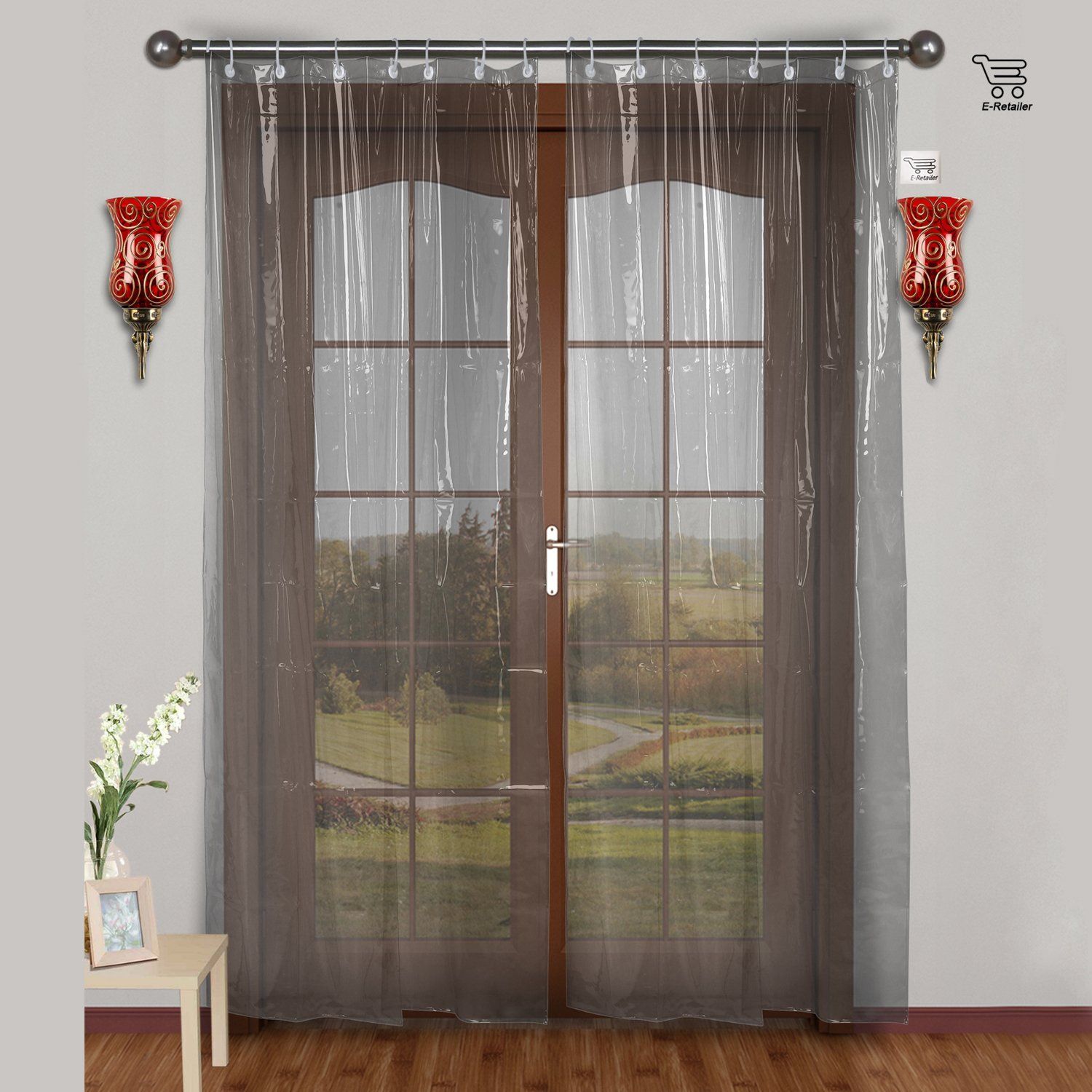     			E-Retailer Single Window Transparent Ring Rod PVC AC Curtains White