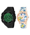 digital black  sports watch with floral blue women watch