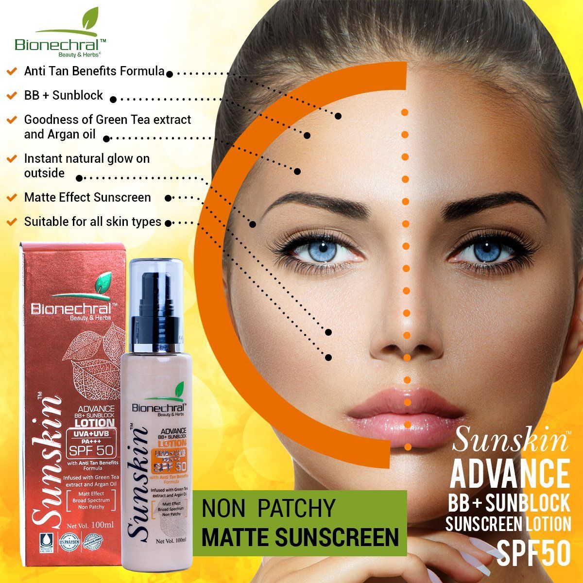 Bionechral Sunskin Advance BB+ Sunscreen Lotion SPF 50 PA+++ Medium 100