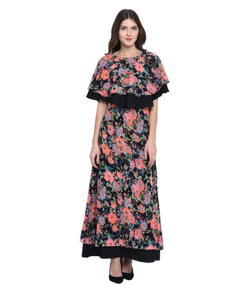 Triraj Georgette Black & Pink Color A- line One piece Western Dress Women