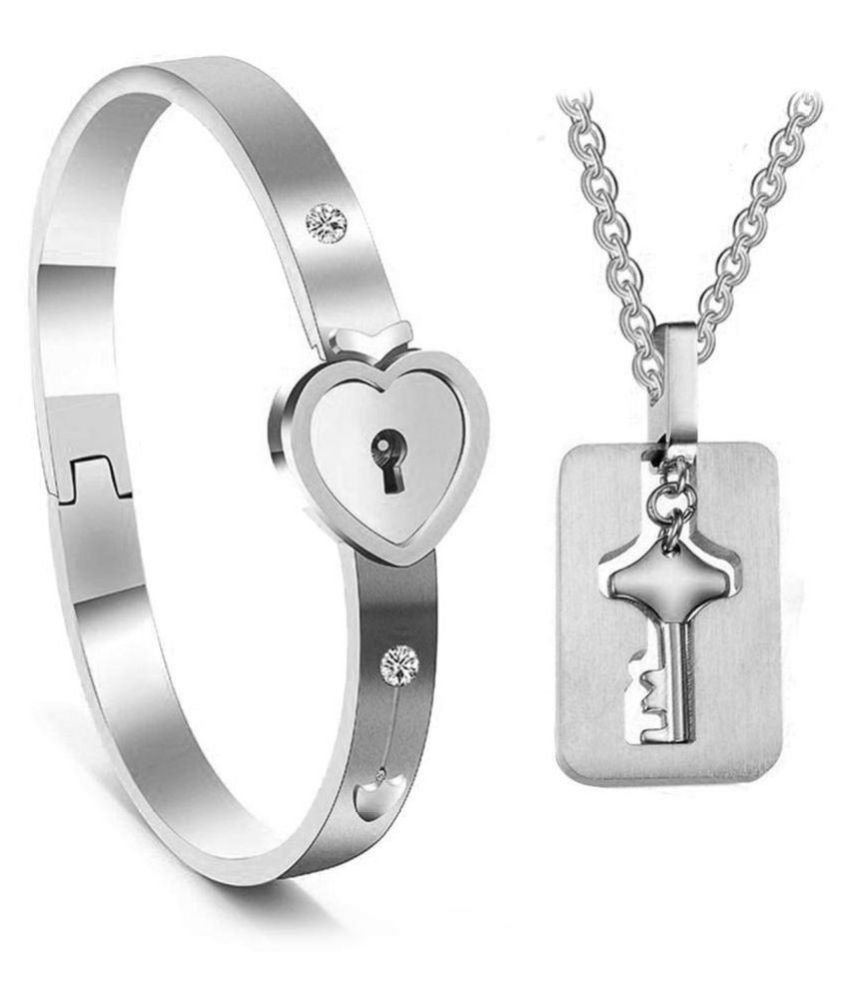 Unique Design Engraved Lock and Key Stainless Steel Couple Bracelet Pendant Necklace Set for