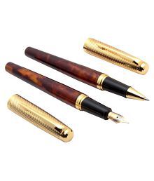 Set Of 2 Stylish 8051 Miracle Marbled Fountain &amp; Roller ball Pens Metal Body With Converter