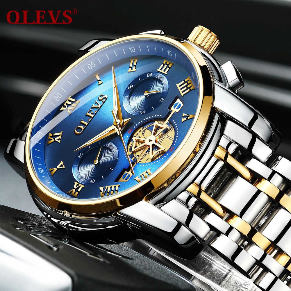 OLEVS Mens Watches Stainless Steel Wristwatch with Day Date Waterproof Luminous Analog Quartz Fashion Business Sport Watches for Men 