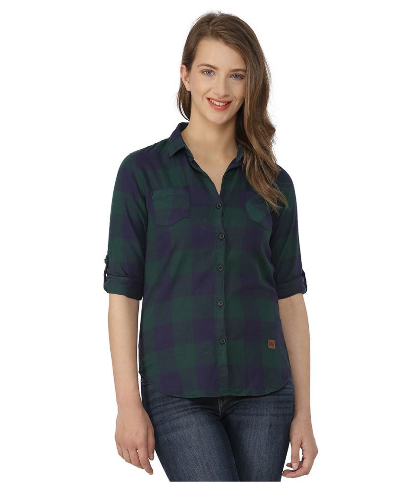 Campus Sutra - Green Cotton Women's Shirt Style Top ( Pack of 1 )