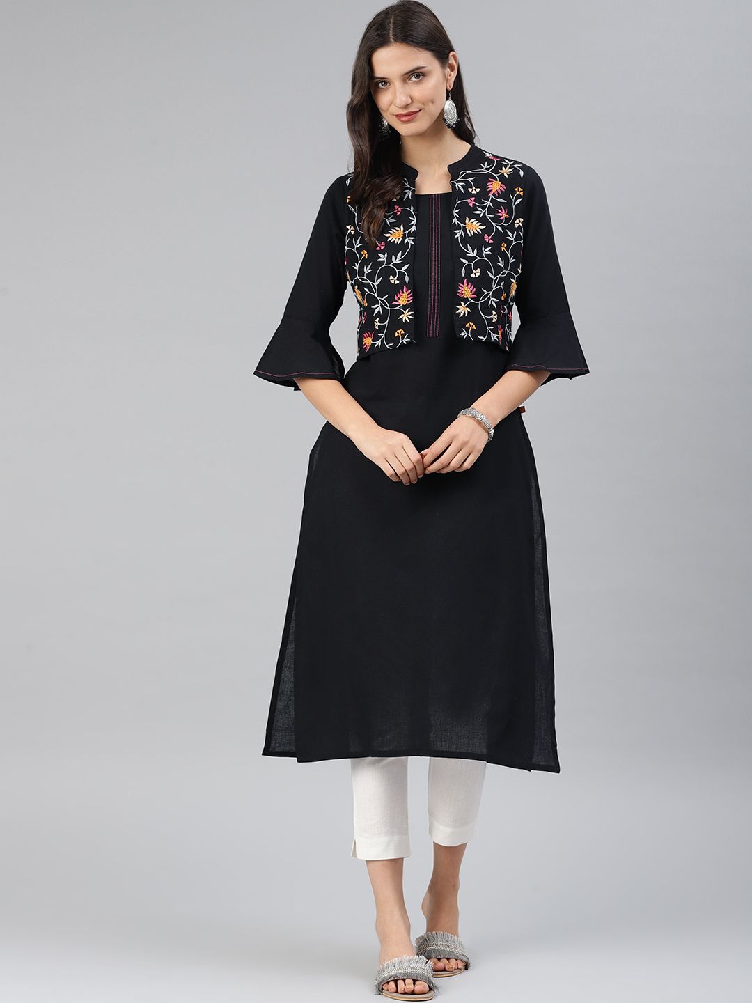     			Alena - Black Cotton Women's Jacket Style Kurti