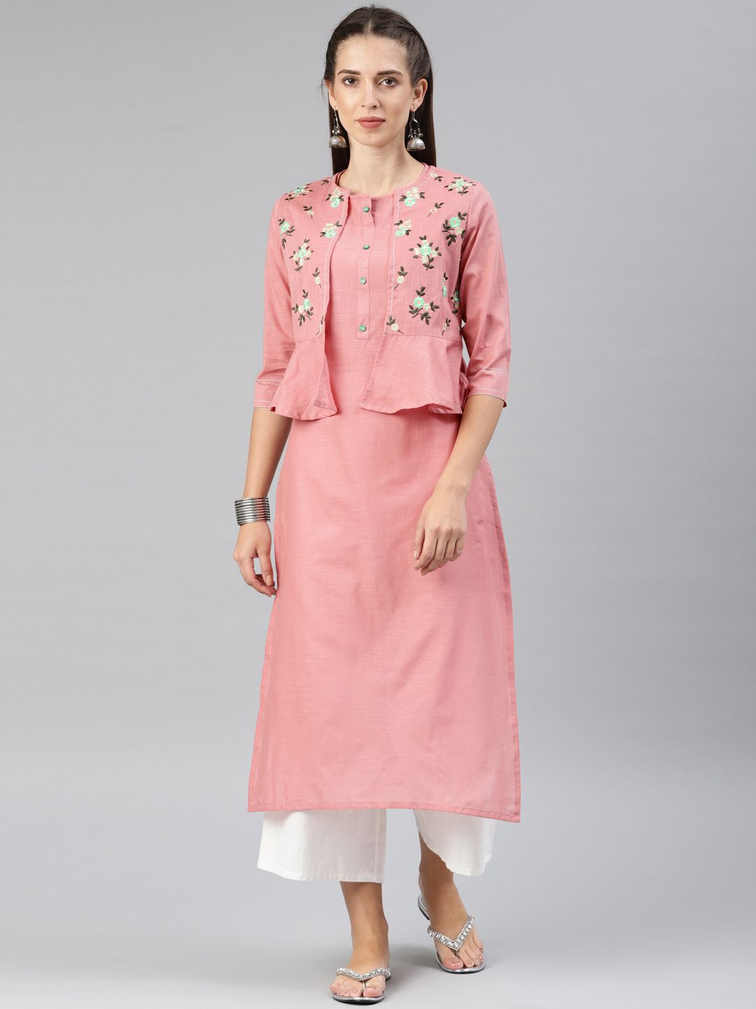    			Alena - Peach Cotton Women's Jacket Style Kurti