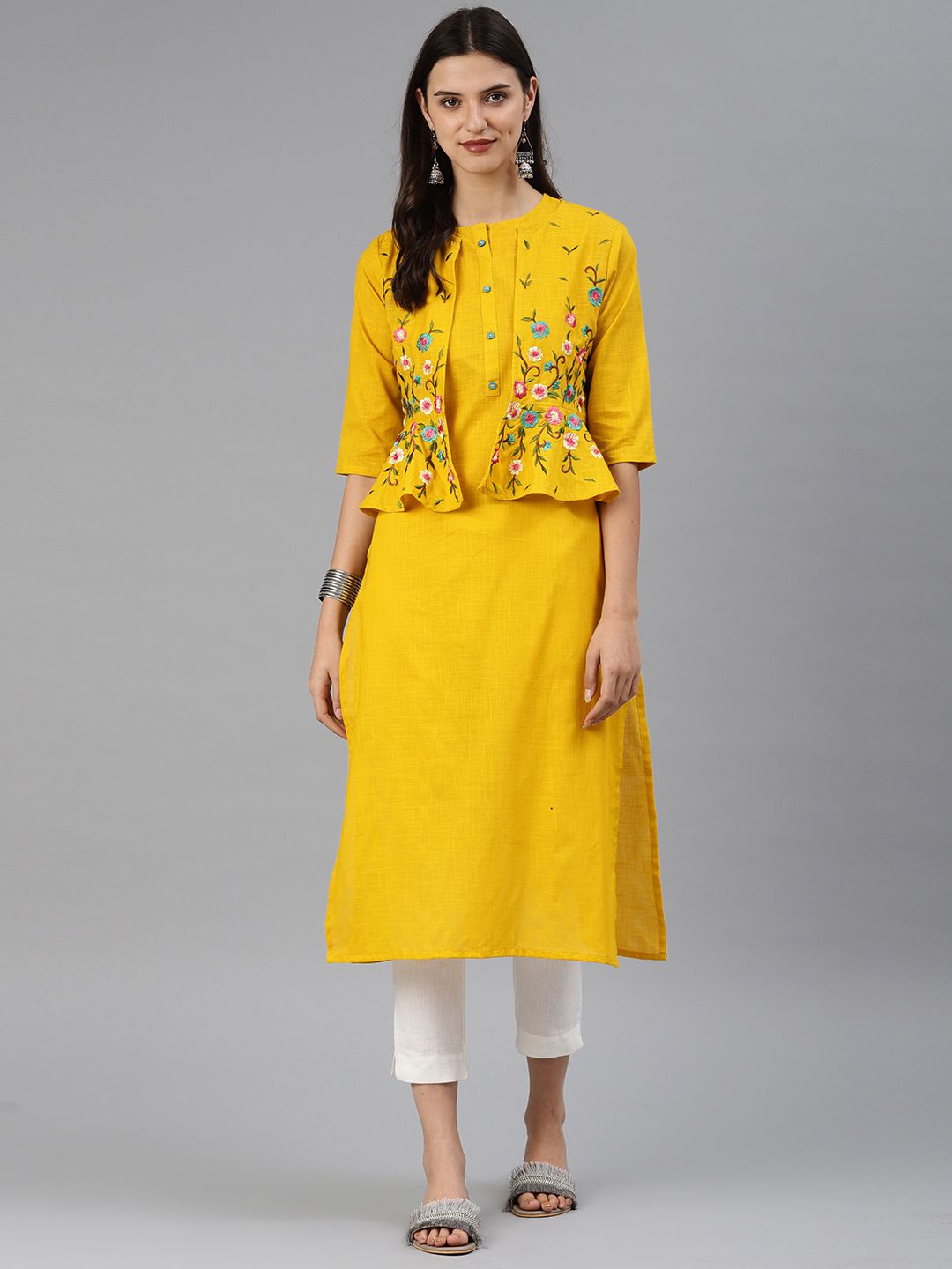     			Alena - Yellow Cotton Women's Jacket Style Kurti ( Pack of 1 )