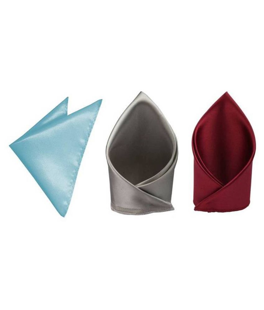     			Voici France Silver, Sky and Maroon satin Solid Pocket Square Combo Pack of 3