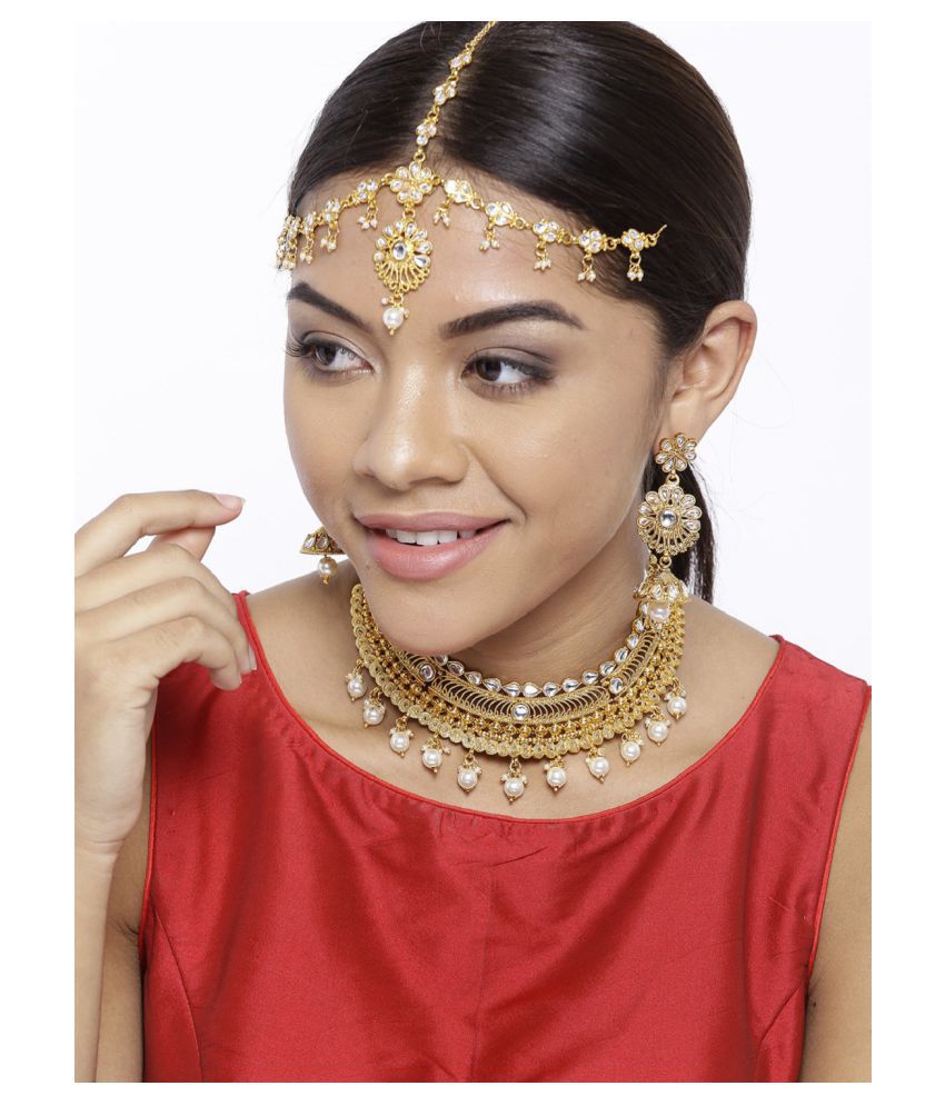     			Priyaasi Brass Golden Choker Traditional Gold Plated Necklaces Set