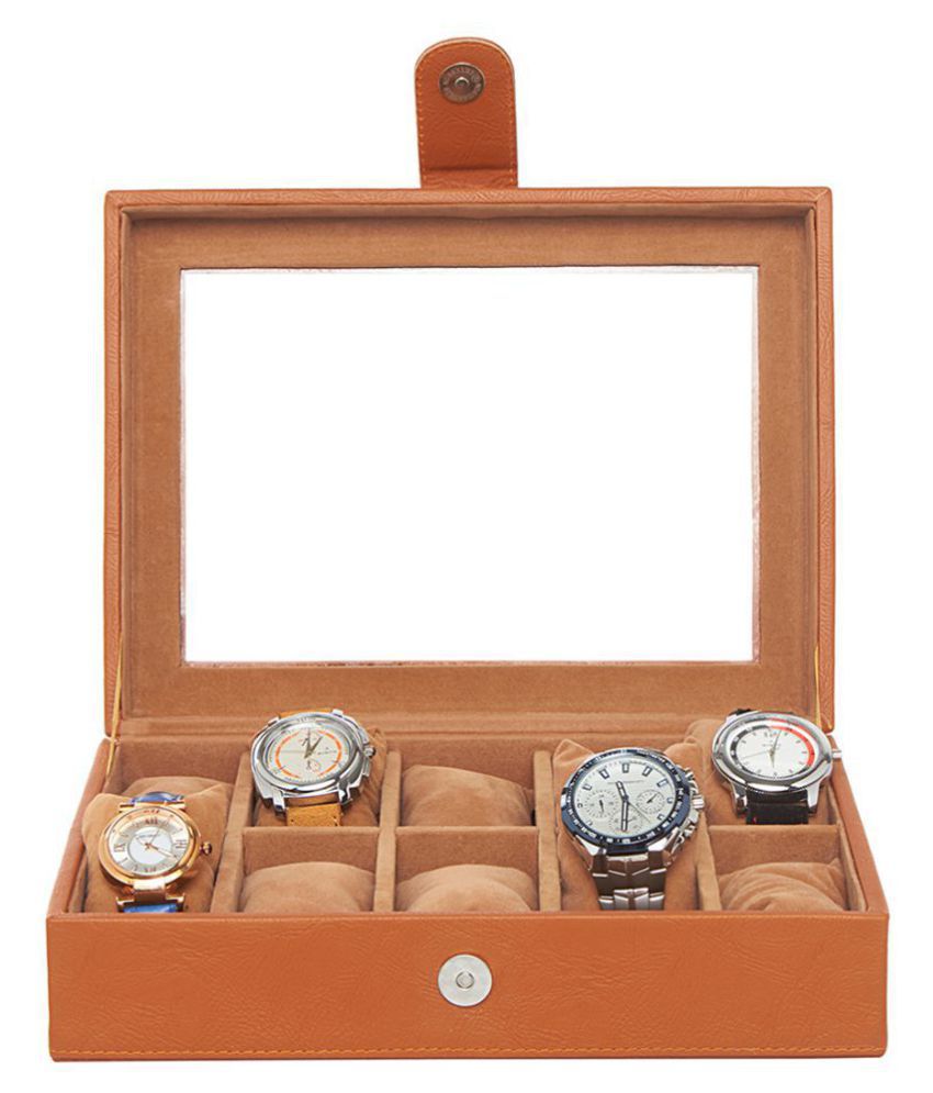     			Leather World 5.5 Liter Tan PU Leather Designer Watch Display Case with Clasp Closure Travel Bag