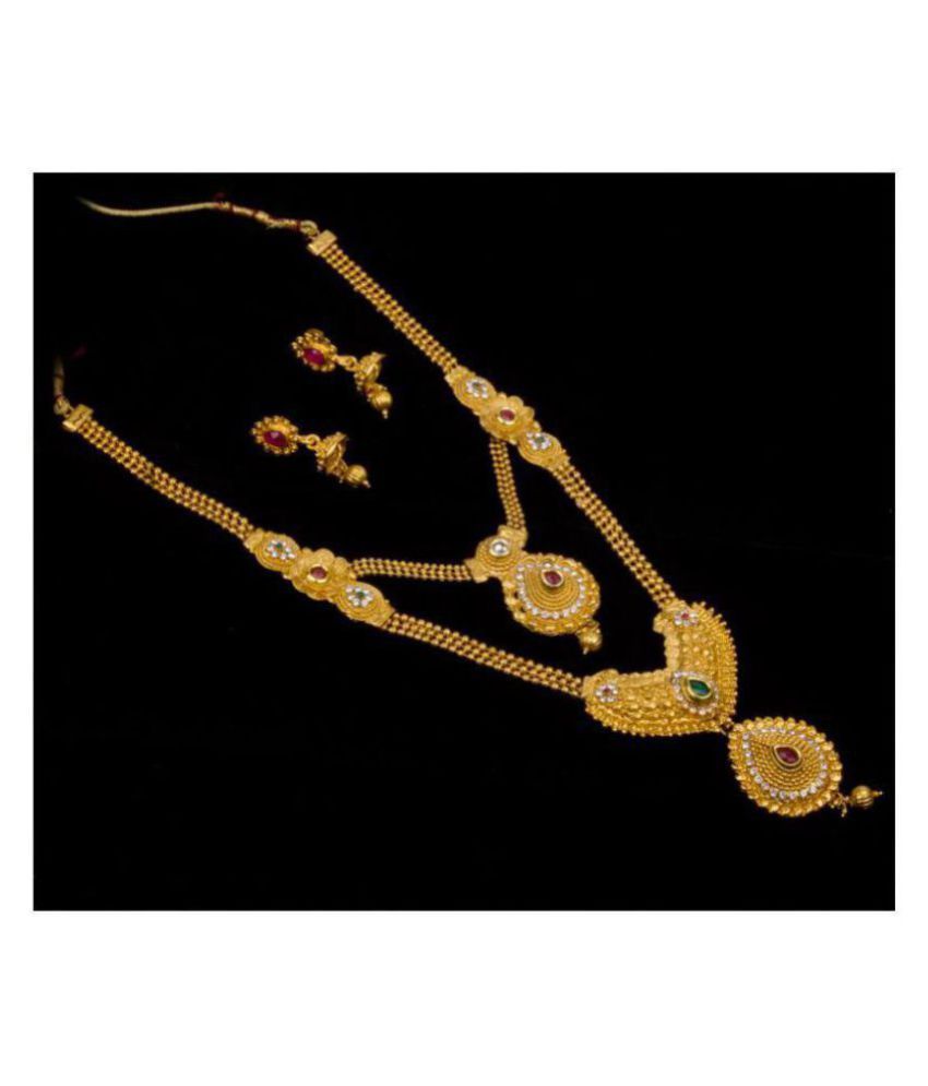     			Piah Alloy Golden Long Haram Traditional High Gold Plated Necklaces Set