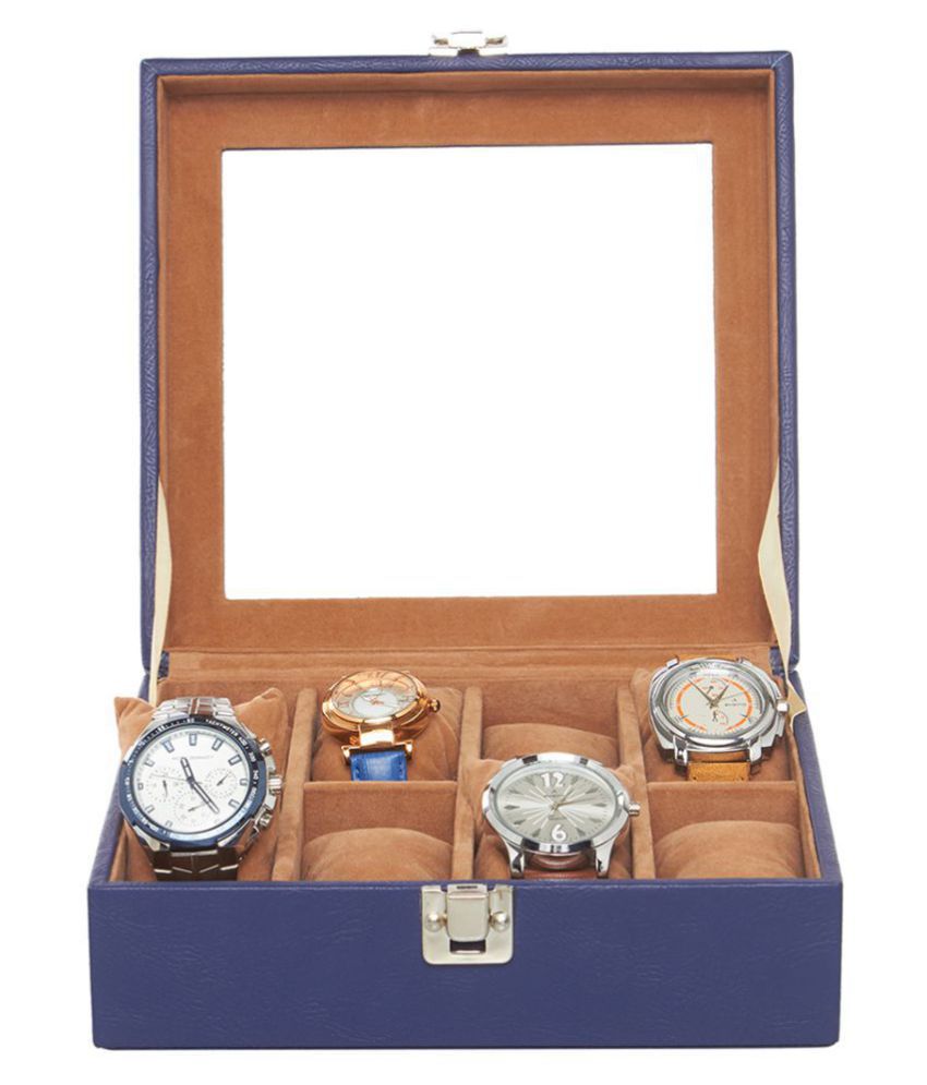     			Leather World 8 Watch Box Blue PU Leather Designer Watch Display Case with Lock Closure Travel Bag
