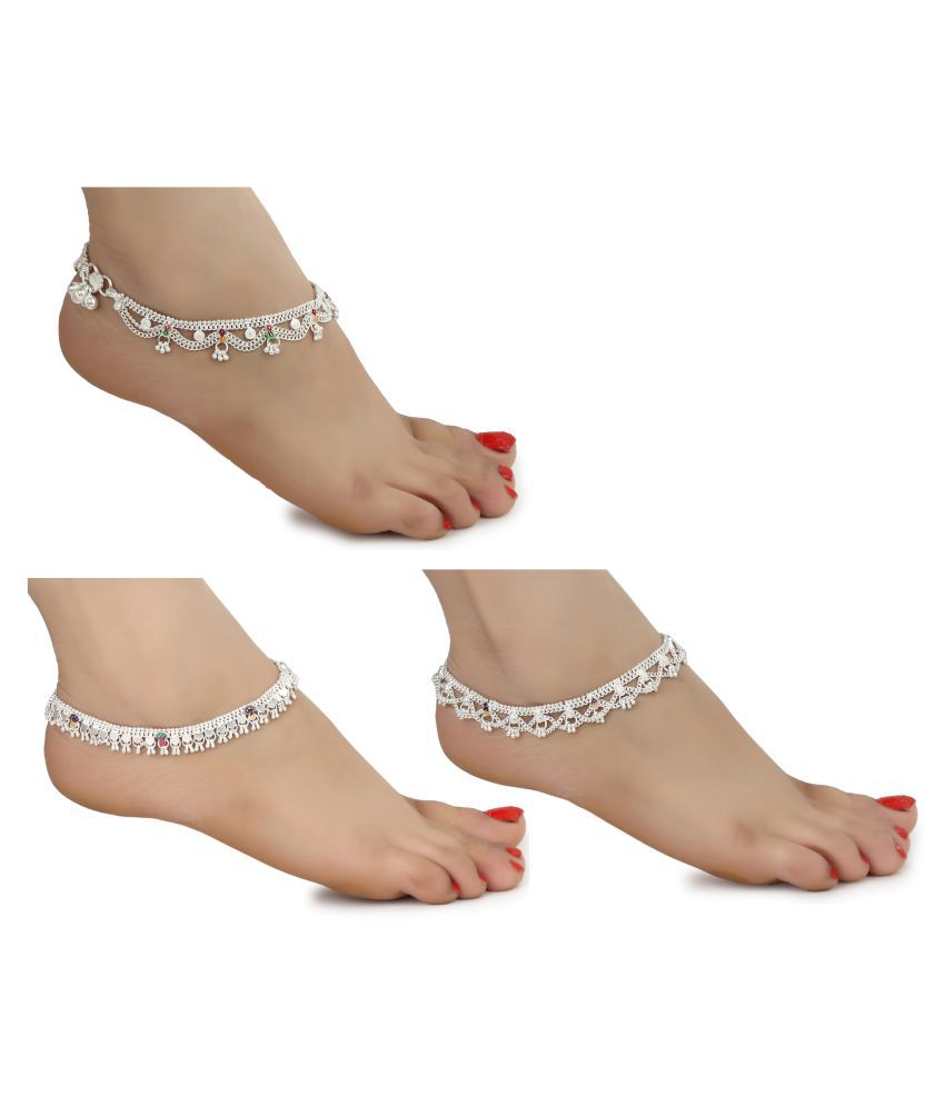     			AanyaCentric Combo of Three Pair Indian Traditional Ethnic Fancy Foot Jewelry Pure Silver Plated White Metal Alloy Ghunghru Payal Stylish Leg Chain Imitation Anklets for Women and Girls (Pack of 3)
