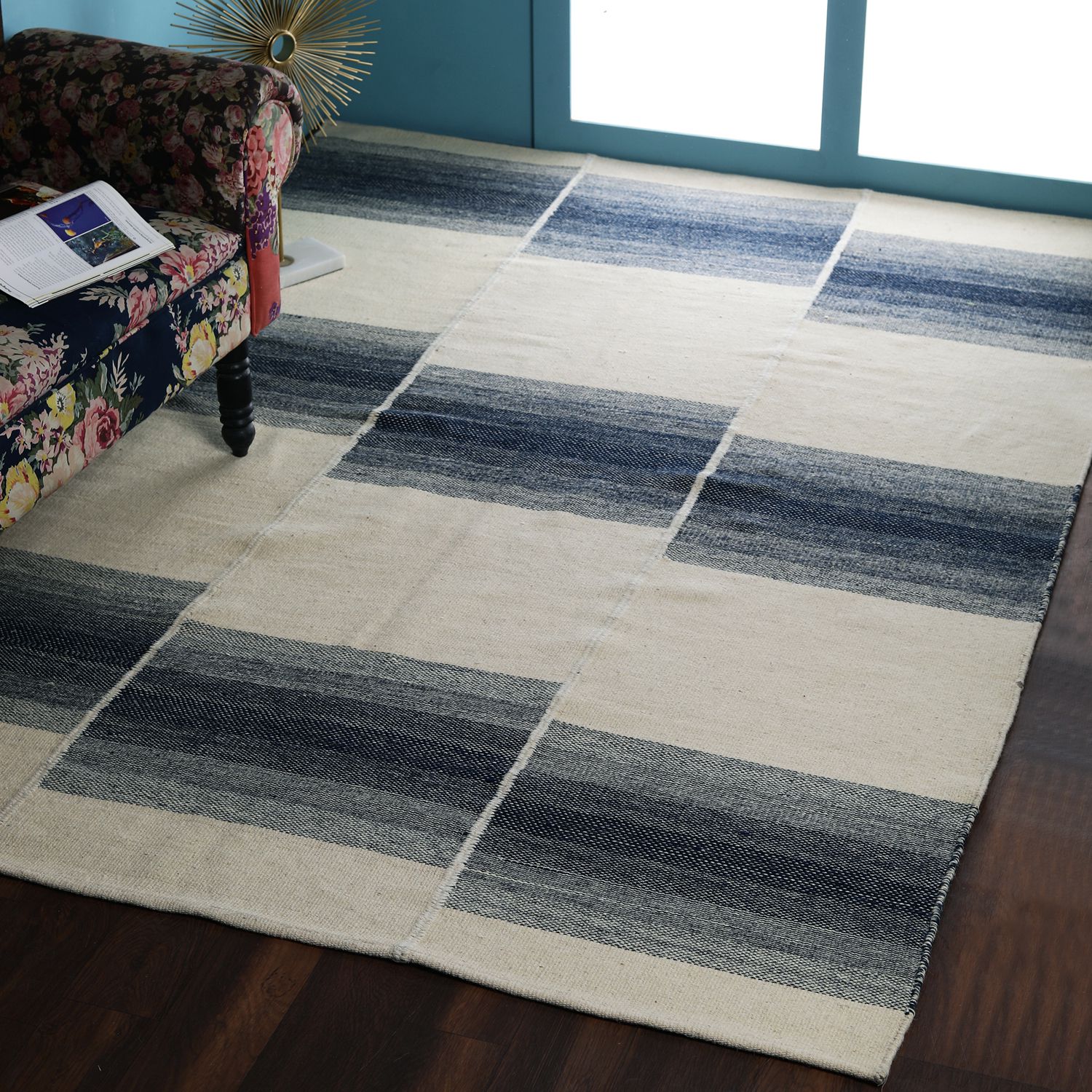     			PEQURA Blue Wool Carpet Stripes 5x8 Ft