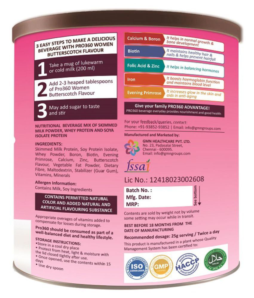 PRO360 Women Health Drink Powder 250 gm Butter Scotch: Buy ...