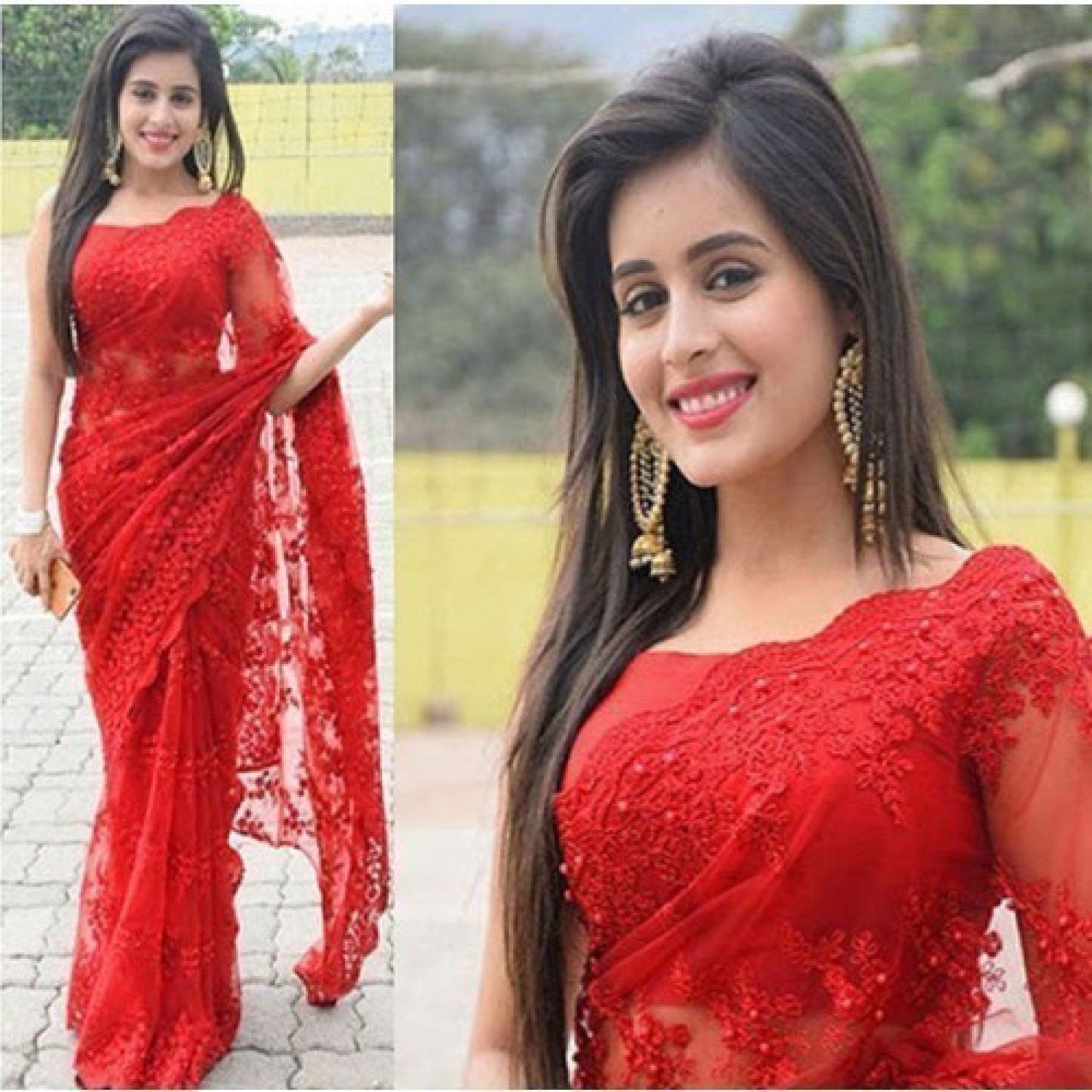 red net saree with golden blouse