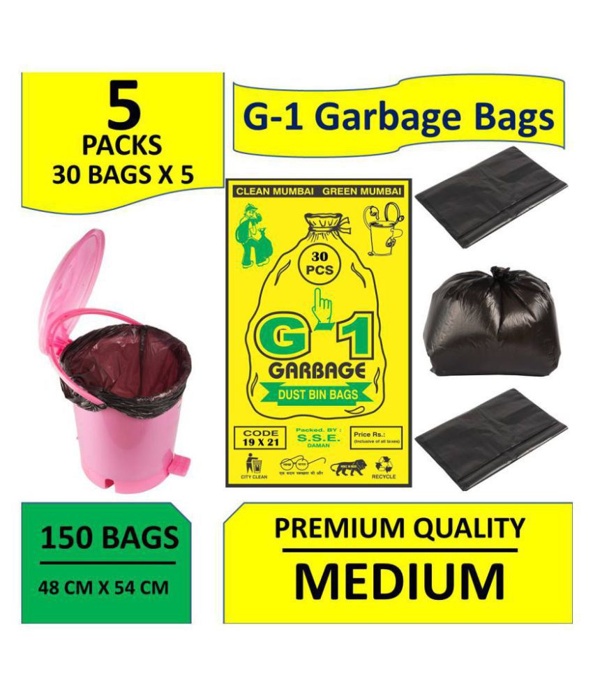     			Premium Quality Garbage Bags Medium Black 19 X 21 inch | 5 Packs of 30 Pcs = 150 Pcs | Dustbin Trash Waste Dustbin Disposable Covers - Size 48 X 56 cm. Each pack is 180 Grams.