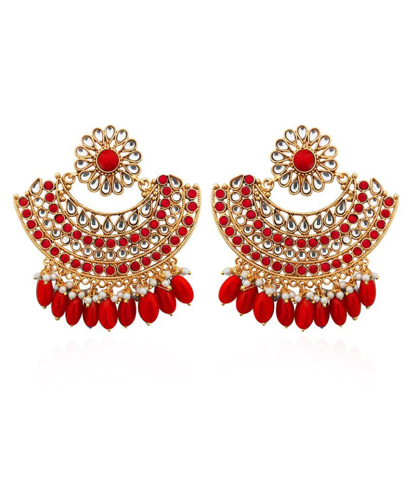 JewelMaze Red Kundan Stone Gold Plated Dangler Earrings - Buy JewelMaze ...