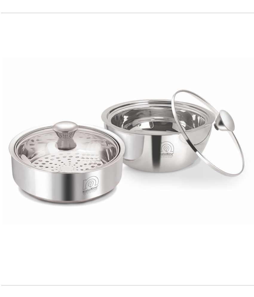 Nanonine Meal Serve Combo Stainless Steel Insulated Serving Gift Set With Glass Lid, Set Of 2, 800 Ml, 900 Ml, Silver