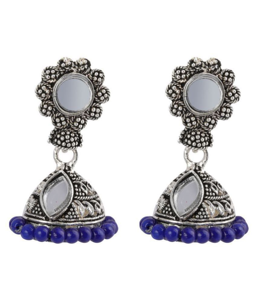     			Silver Shine Gorgeous  Blue Mirror with Beads Jhumki Earrings .