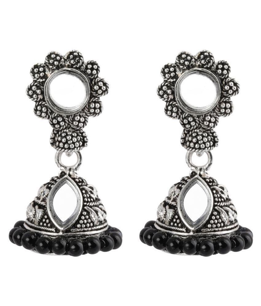     			Silver Shine Pretty Black Mirror with Beads Jhumki Earrings.