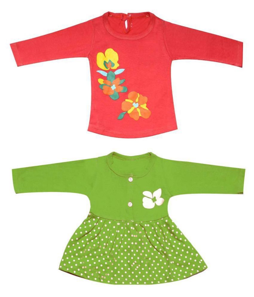    			Babeezworld Regular Daily Wear Baby Girl's Cotton Full Sleeves Vest  Jhabla Frock Dress & Girl Printed Cotton Full Sleeve Tshirt Set (Kids Combo Pack Of 2)