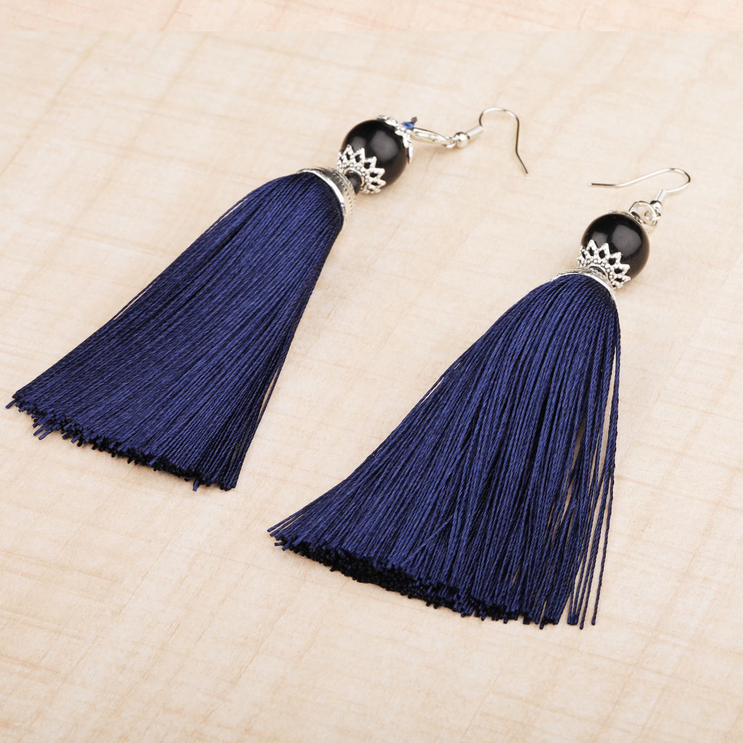    			Silver Shine Facinating Blue Long Thread Tassel Earrings for Women.