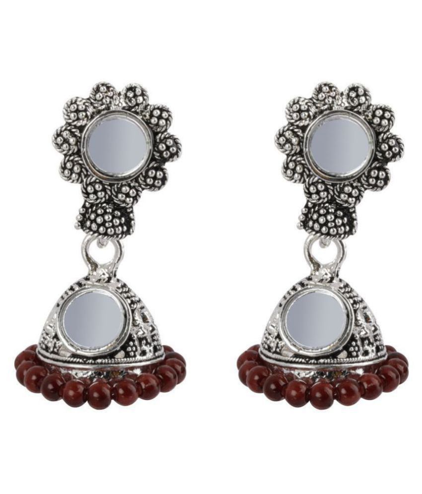     			Silver Shine Facinating Maroon Mirror with Beads Jhumki Earrings.