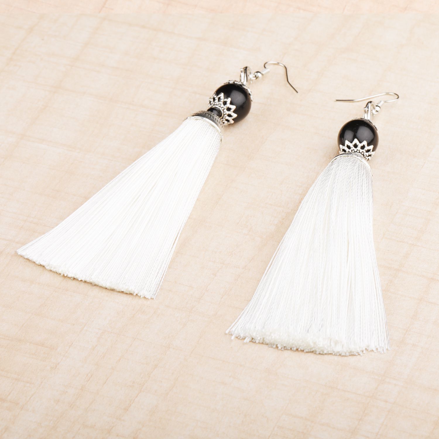     			Silver Shine Spunky White Long Thread Tassel Earrings for Women.