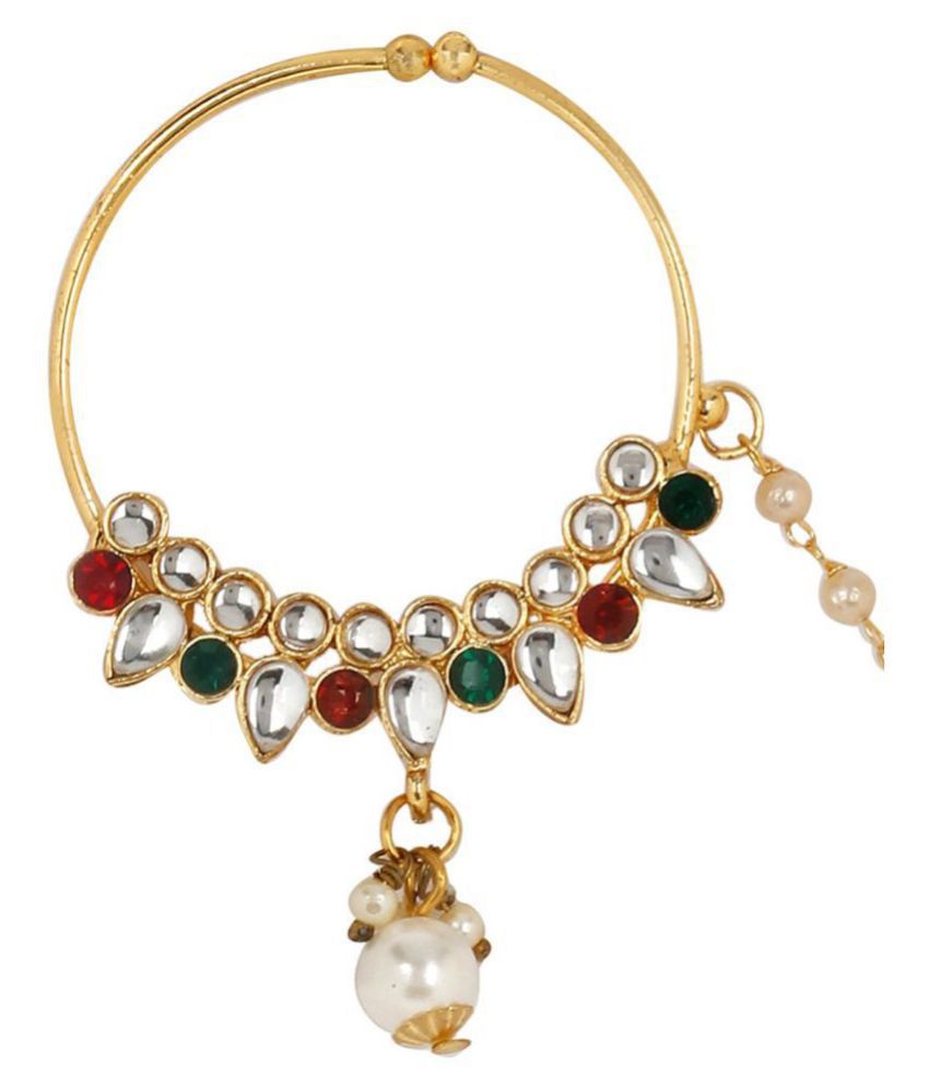 Priyaasi traditional Gold Plated Red & White Kundan Nose Ring/Nath with Pearl Chain For Women/Girls