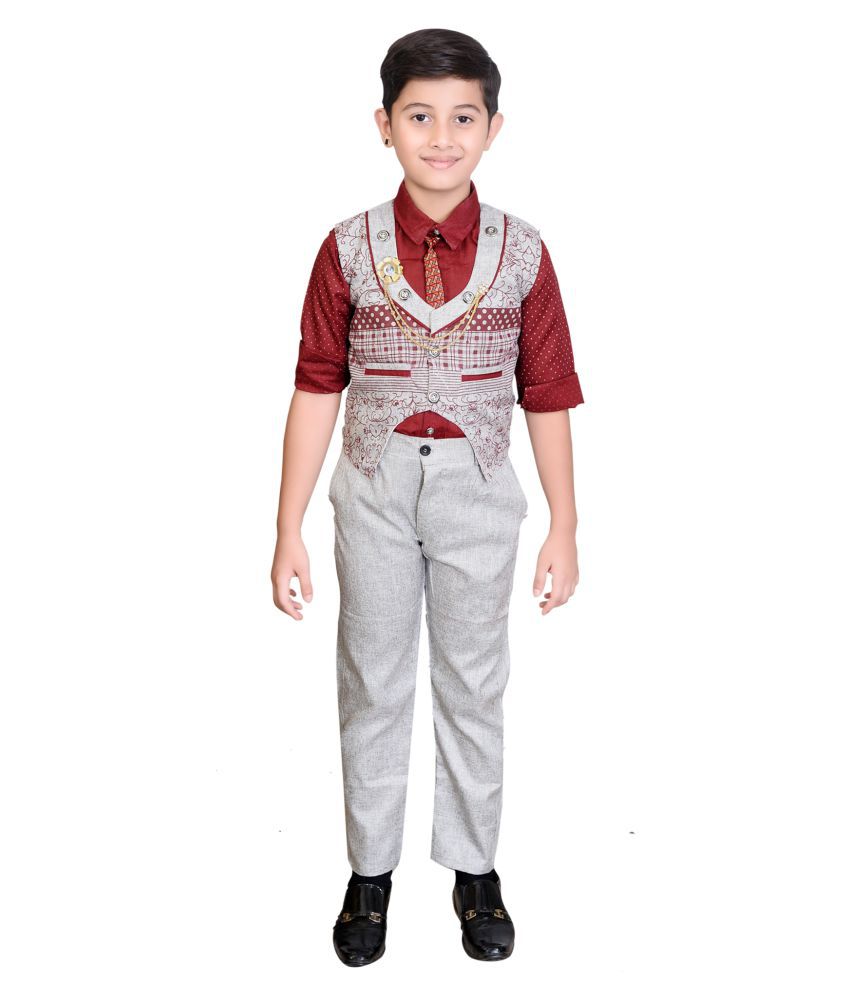     			Ahhaaaa Kids Ethnic Wear Boys Waistcoat Shirt Tie and Pant Set