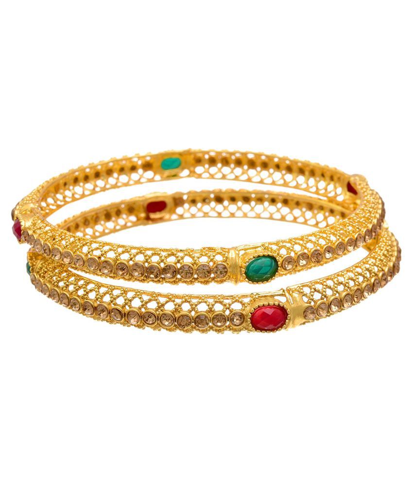     			JFL - Jewellery for Less 1g Gold Plated Red Green Stone Bangle Set with Austrian Diamonds for Women (Champagne).