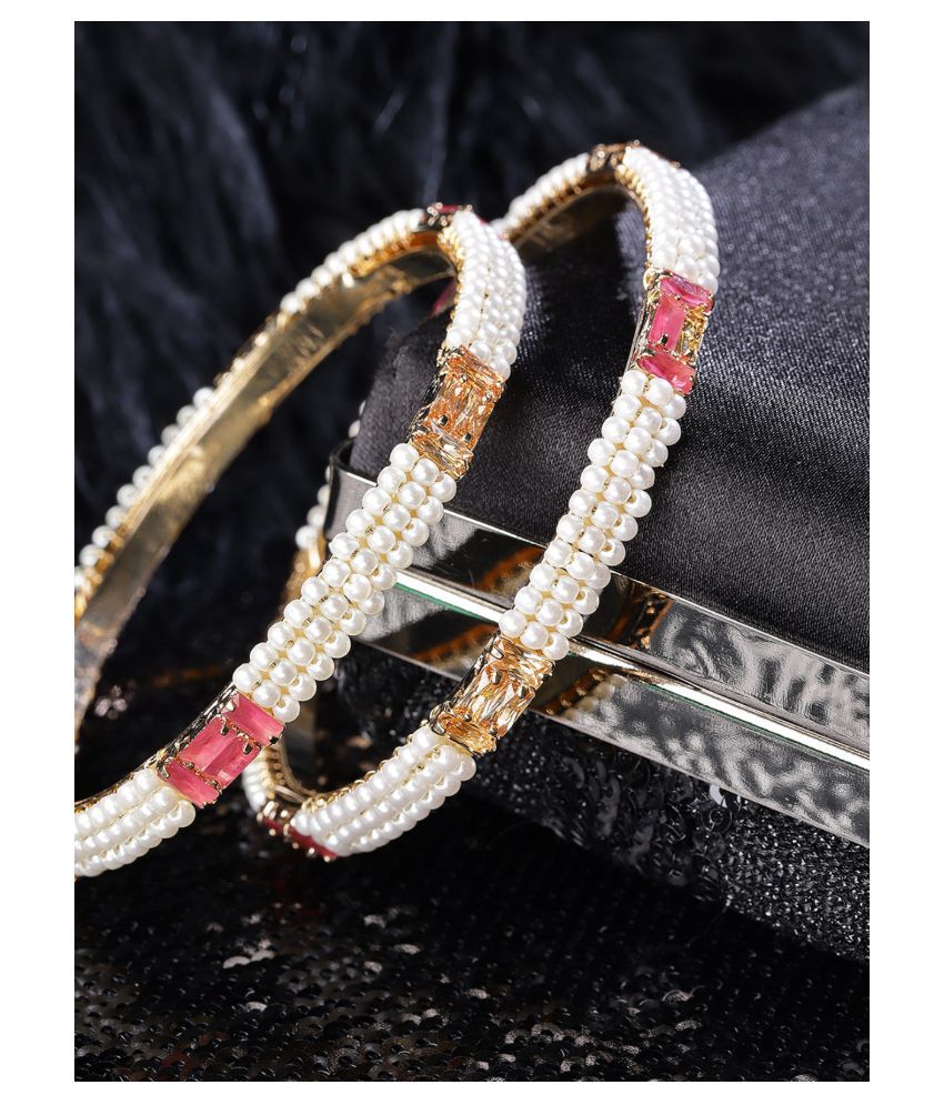     			Priyaasi Designer Off White Gold Toned Pink And Golden Stone Studded Beaded Bangles For Women And Girls Set Of 2